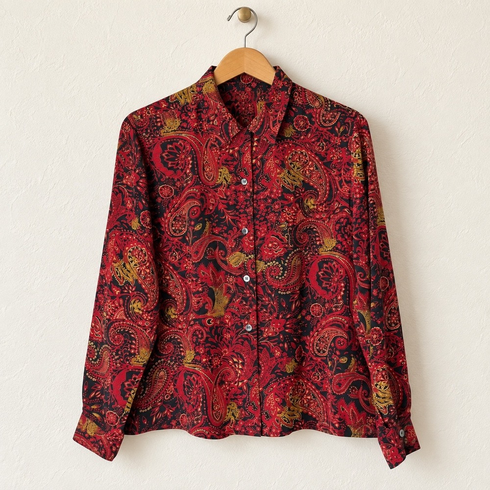 Evan Picone Vintage Button Down Shirt Women 12 Red Silk Paisley Retro Blouse